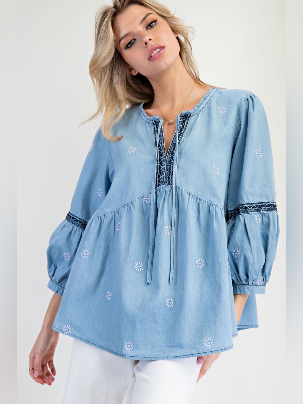 #241 Easel Light Blue Embroidered Peasant Tunic